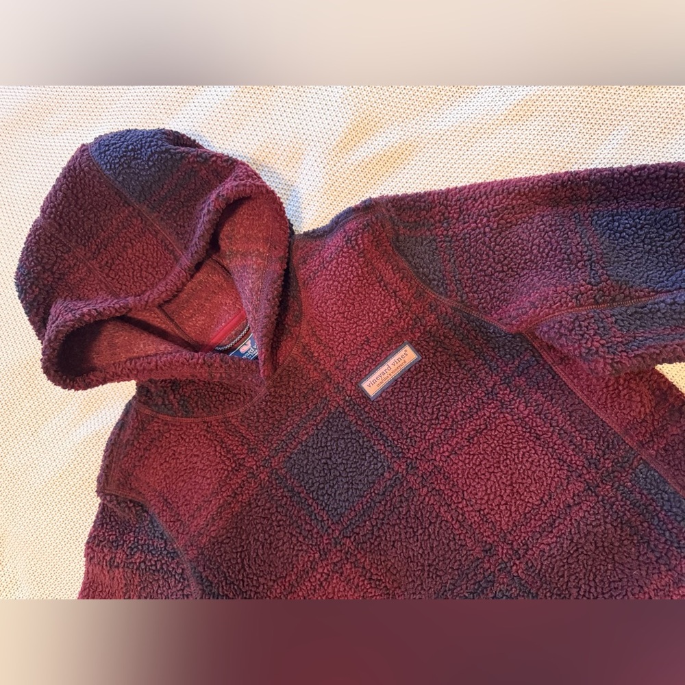 VINEYARD VINES Stillwater Sherpa Hoodie Red Navy Plaid Hooded Fleece Sweatshirt - Picture 6 of 14